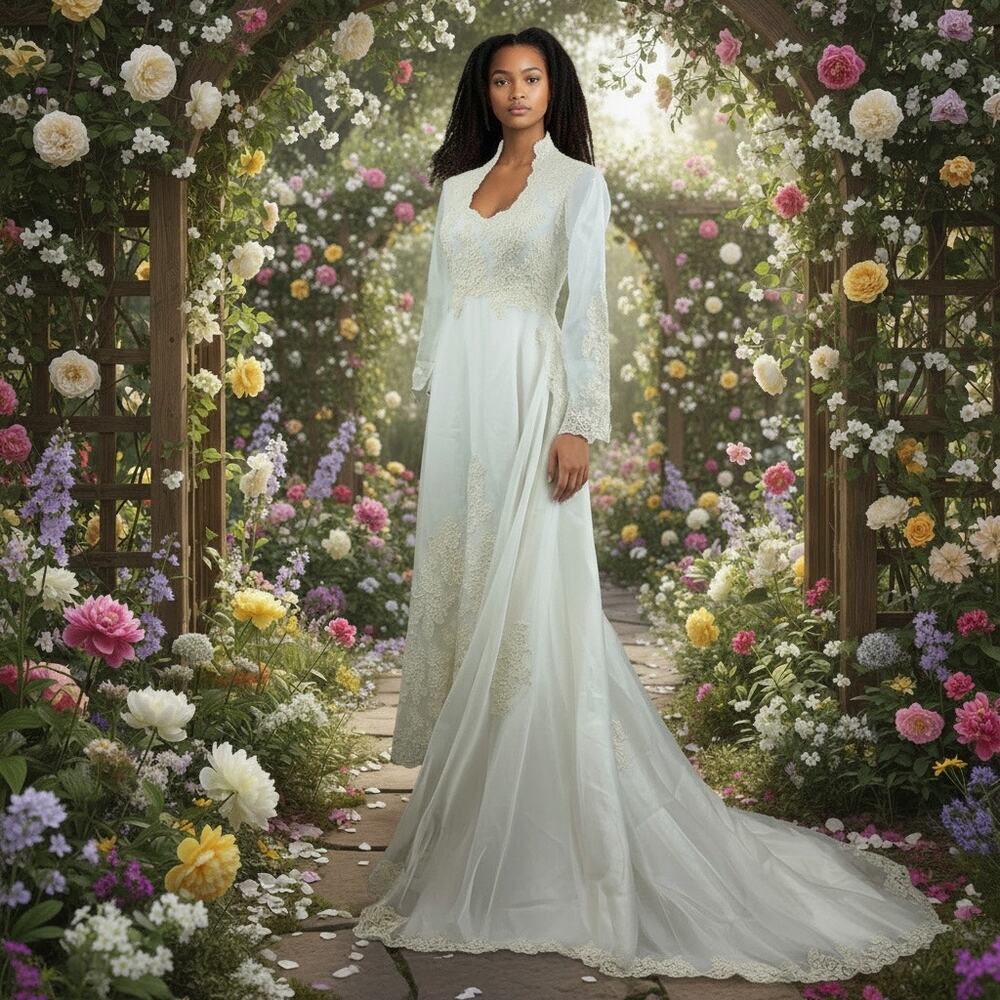 Wedding Gown Ivory with off white embroidery lace beads. Long sleeves. Size XS